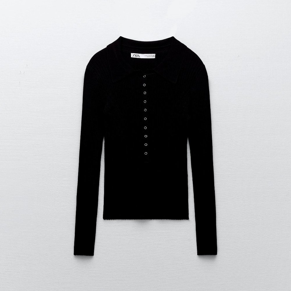 Zara RIBBED KNIT POLO Black Shirt